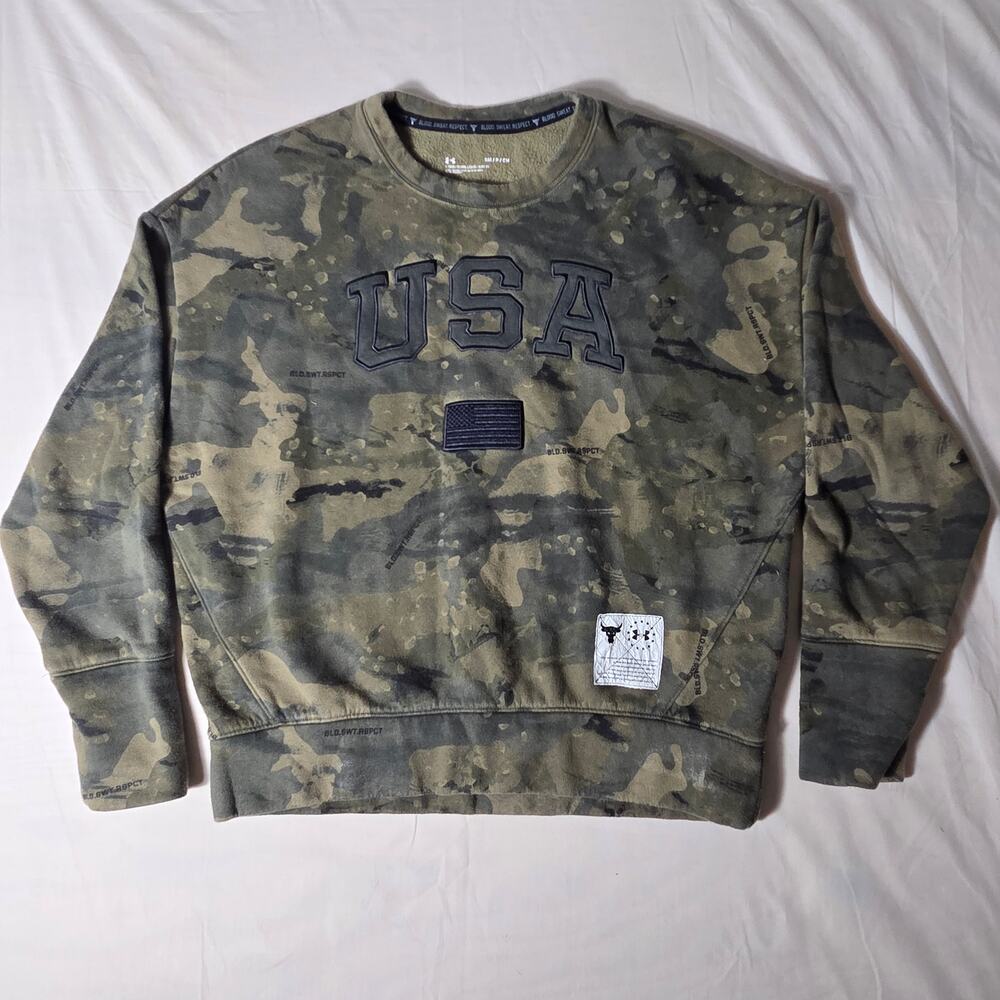 UA Project Rock USA Camo Crewneck Sweatshirt - Men's Small - Blood Sweat Respect